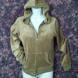 Vintage Y2K Plush &Lush Velour Hoodie Top Jacket Lady-M Zip Pockets Shimmer Tan